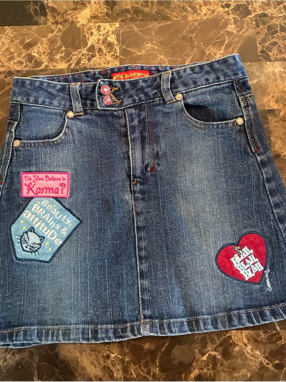 Embellished Blue Denim Patch Mini Skirt